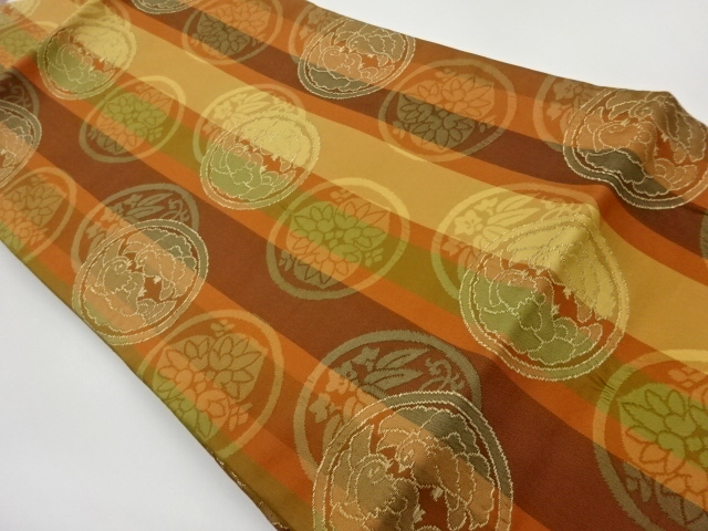JAPANESE KIMONO / VINTAGE NAGOYA OBI / WOVEN FLOWER WITH BIRDS & STRIPE